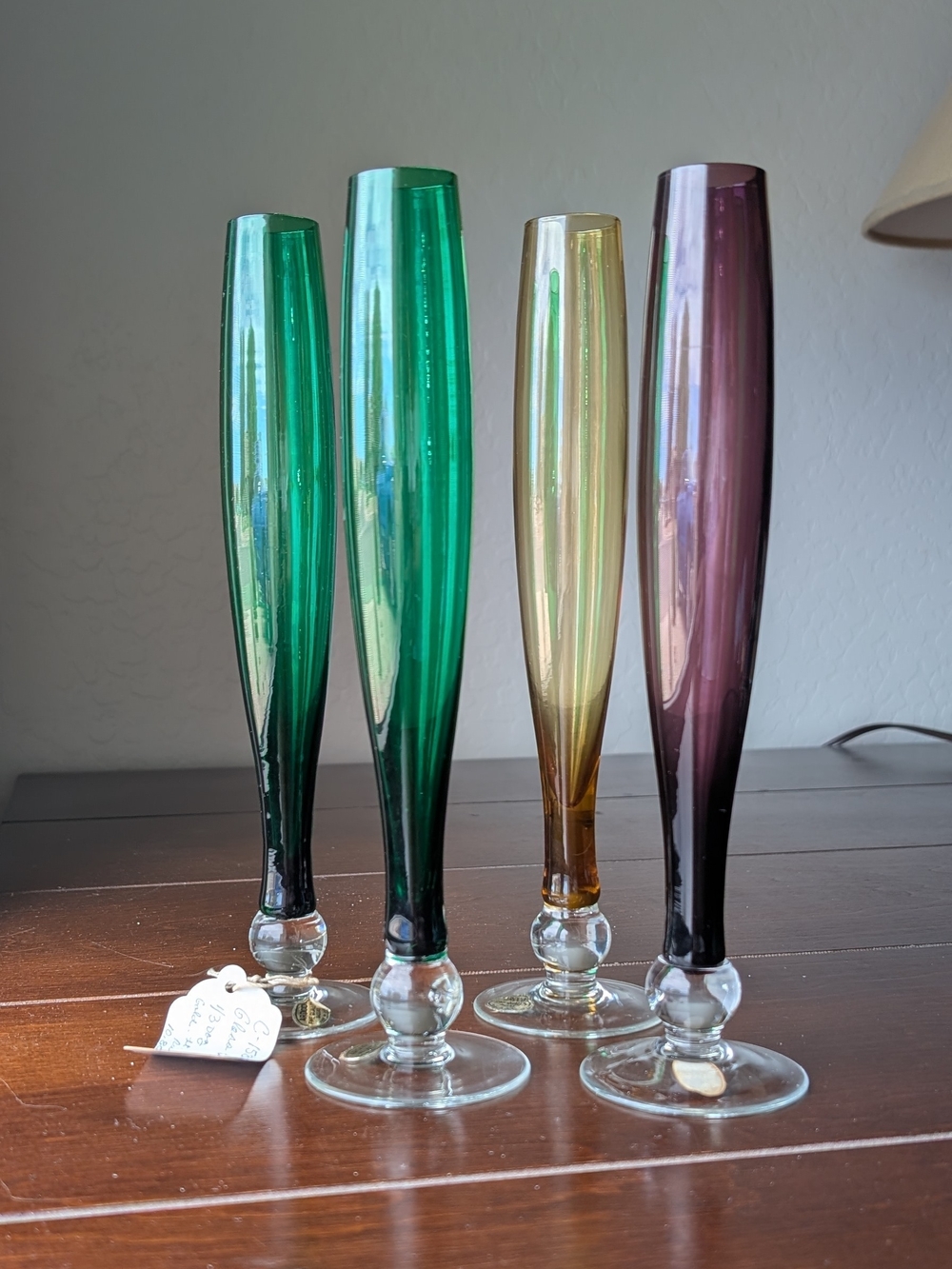 Vintage 1960s Ardco Glass 10 Inch Bud Vases - Green, Amber, Purple Set Of 4